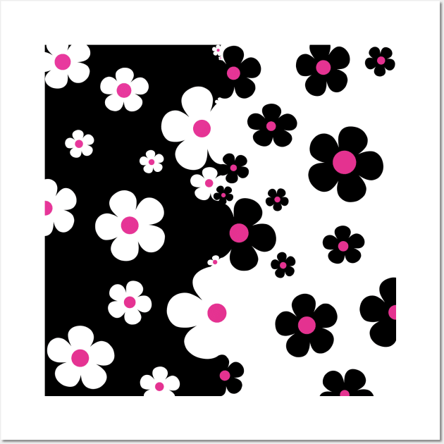 60's Retro Pop Small Flowers in Black, White and Pink Wall Art by MellowCat